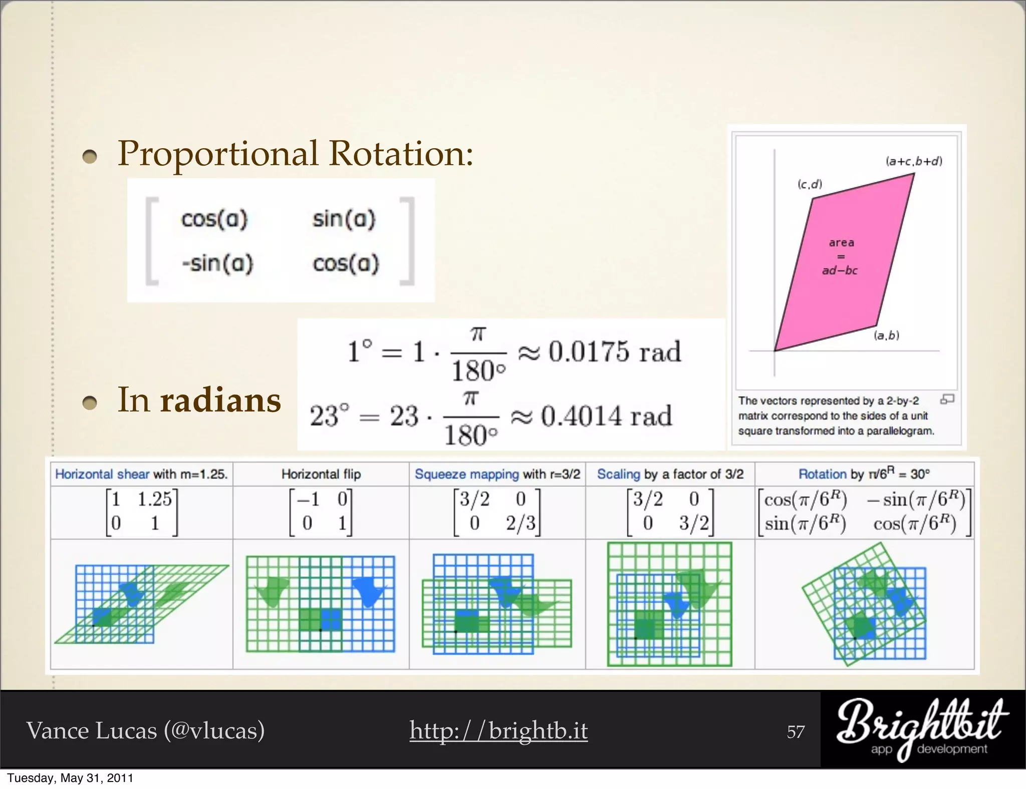 Proportional Rotation:




                  In radians




   Vance Lucas (@vlucas)            http://brightb.it   57

Tuesday, May 31, 2011
 