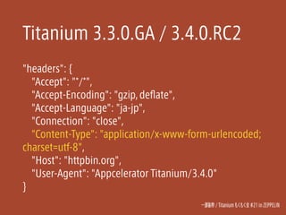 Titanium 3.3.0.GA / 3.4.0.RC2 
"headers": { 
"Accept": "*/*", 
"Accept-Encoding": "gzip, deflate", 
"Accept-Language": "ja...