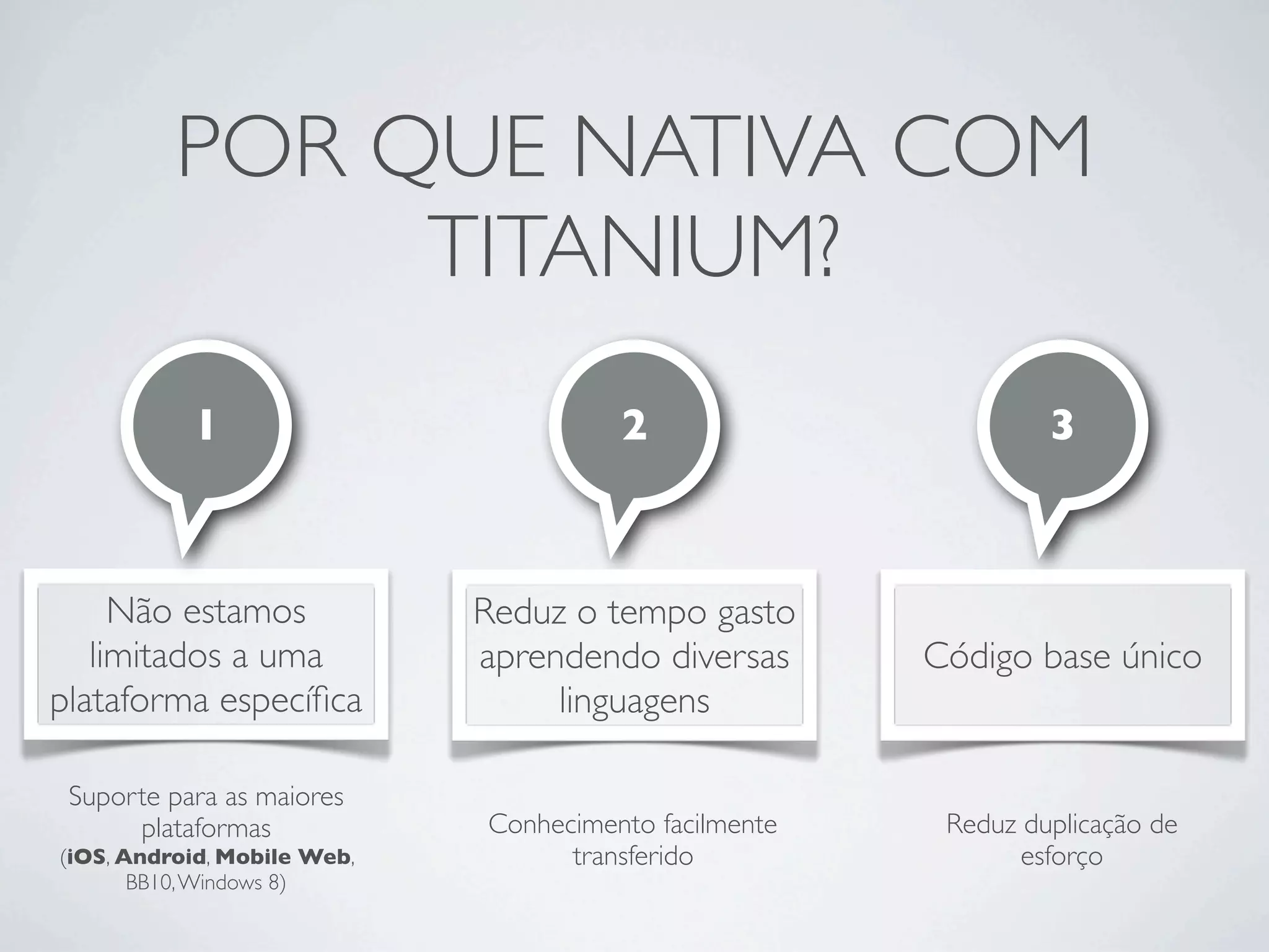 POR QUE NATIVA COM
TITANIUM?
Não estamos
limitados a uma
plataforma especíﬁca
1
Suporte para as maiores
plataformas
(iOS, Android, Mobile Web,
BB10,Windows 8)
2
Reduz o tempo gasto
aprendendo diversas
linguagens
Conhecimento facilmente
transferido
3
Código base único
Reduz duplicação de
esforço
 