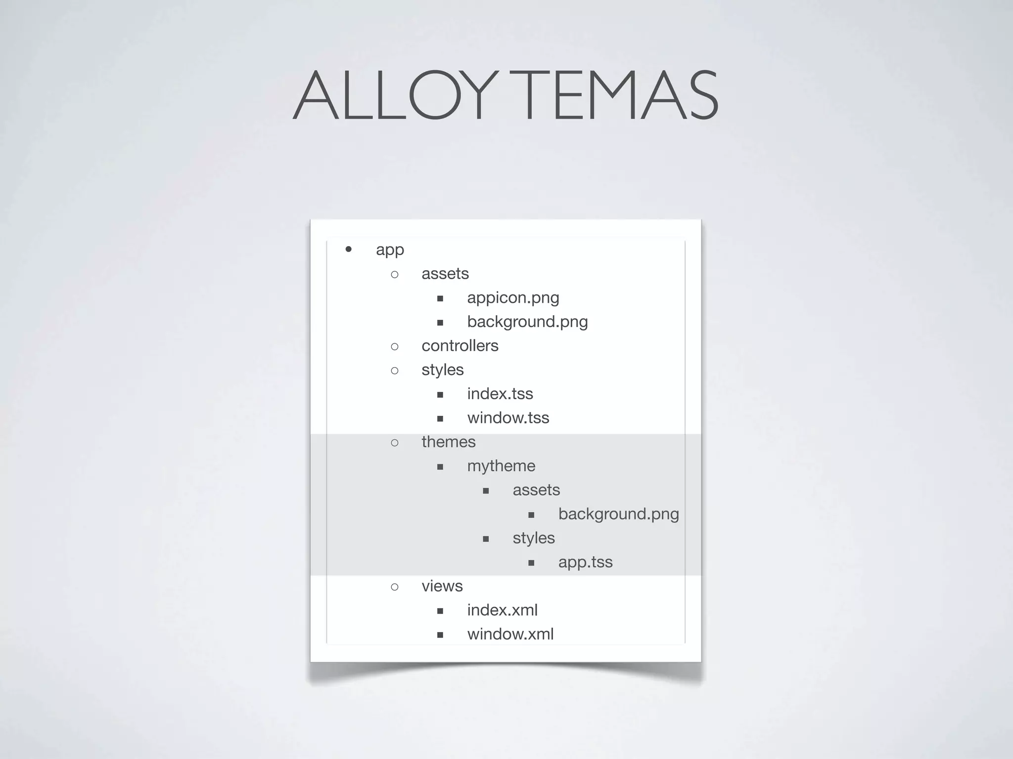 • app
◦ assets
■ appicon.png
■ background.png
◦ controllers
◦ styles
■ index.tss
■ window.tss
◦ themes
■ mytheme
■ assets
■ background.png
■ styles
■ app.tss
◦ views
■ index.xml
■ window.xml
ALLOYTEMAS
 