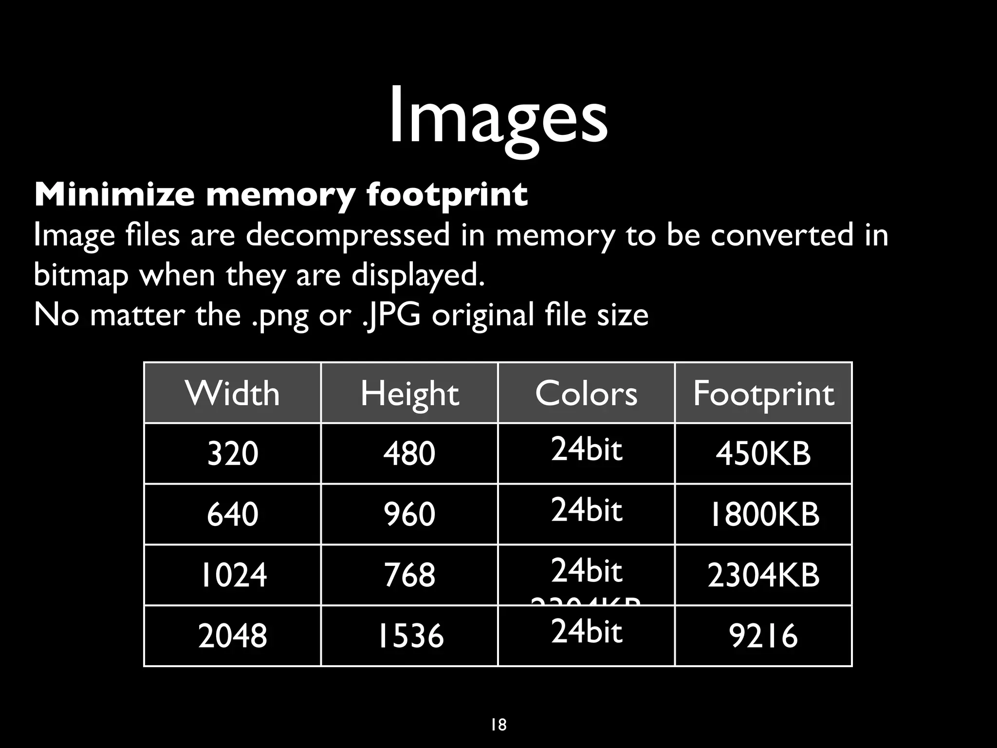 Images
Minimize memory footprint
Image ﬁles are decompressed in memory to be converted in
bitmap when they are displayed.
No matter the .png or .JPG original ﬁle size

         Width       Height        Colors   Footprint
           320        480           24bit    450KB
           640        960           24bit   1800KB
          1024        768           24bit   2304KB
                                   2304KB
          2048        1536          24bit     9216

                              18
 