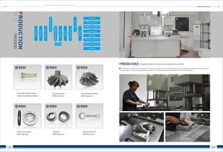 Shenzhen Advanced
03 04
MoulMaking
WaxMould
Combination
Coatingprepatarion
Coatingandsanding
Shelldrying
Dawaxing
ShellRoasting
Alloymelging
Pouring
Repetition
Unshelling
Casting head removed
Repair and Cleaning
inspection

Heat treatment
Finishing and sandblasting
Final inspection
Warehous
ROCESSP
PRODUCTION
P WRESS AX Double location hydraulic wax injection machine
Using mould to press product wax models. the marked characteristics of investment casting is to use meltability model (hereinafter referred to
as wax pattern or wax model) manufacturing model, and for each casting production needs to consume a wax model.
Aircraft engine blade
High temperature alloy
Turbine wheel
GR5 titanium
Compressor wheel
GR5 titanium
Rotor and stator
GR5 titanium
Impeller
GR5 titanium
Connecting rod
GR5 titanium
 