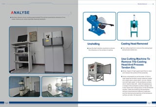 Shenzhen Advanced
11 12
ANALYSE
Germany Spectro direct reading spectrometerThe precise quantitative analysis of iron,
nickel, titanium etc metal materials chemical elements
Unshelling
Use the shell vibration machine to remove
the refractory on the surface of casting
Use Cutting Machine To
Remove The Casting
Head And Process
Tendon Etc.
Using impact of high-speed sand flow to clean
and coarsen the surface of the substrate.
Using compressed air as the power, to form a
high-speed jet bundle to spray material (copper
ore, quartz sand, emery sand, iron ore, hainan
ore) with high-speed to the workpiece surface
which need to deal with , make the appearance
or shape of the workpiece surface change, due
to the impact and cutting action on the workpiece
surface, make the surface of the workpiece
achieve cleanliness and different roughness,
and the mechanical properties of the workpiece
surface can also be improved .
Casting Head Removed
Use cutting machine to remove the casting head
and process tendon etc.
 