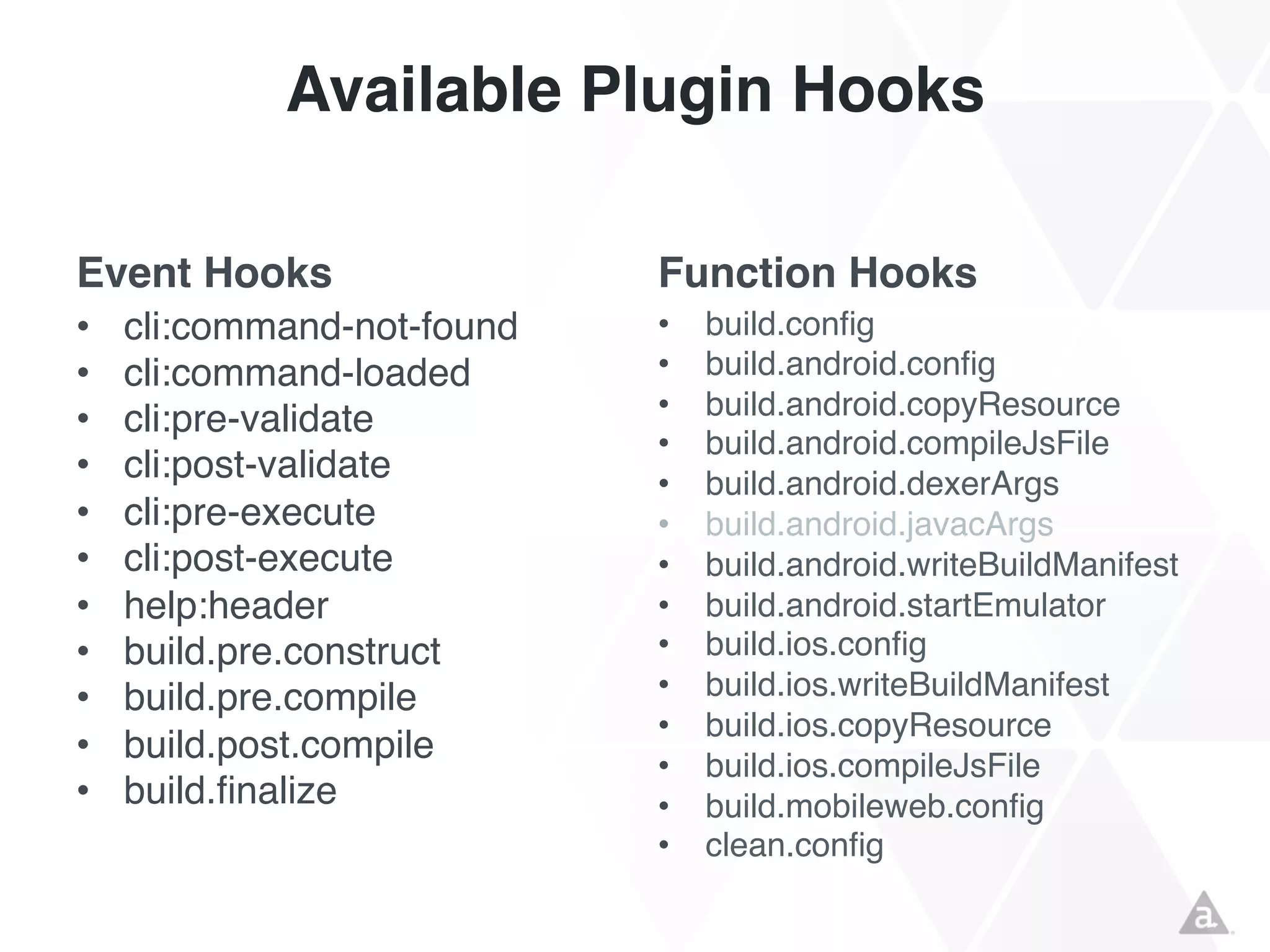 Available Plugin Hooks
Event Hooks

Function Hooks

•
•
•
•
•
•
•
•
•
•
•

•
•
•
•
•
•
•
•
•
•
•
•
•
•

cli:command-not-found
cli:command-loaded
cli:pre-validate
cli:post-validate
cli:pre-execute
cli:post-execute
help:header
build.pre.construct
build.pre.compile
build.post.compile
build.finalize

build.config
build.android.config
build.android.copyResource
build.android.compileJsFile
build.android.dexerArgs
build.android.javacArgs
build.android.writeBuildManifest
build.android.startEmulator
build.ios.config
build.ios.writeBuildManifest
build.ios.copyResource
build.ios.compileJsFile
build.mobileweb.config
clean.config

 