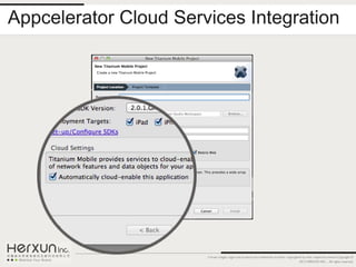 Appcelerator Cloud Services Integration




                       Certain images, logos and products are trademarks of and/or copyrighted by their respective owners.Copyright ©
                                                                                             2012 HERXUN INC. - All rights reserved.
 