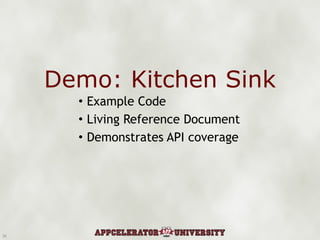 Demo: Kitchen Sink Example Code Living Reference Document Demonstrates API coverage 
