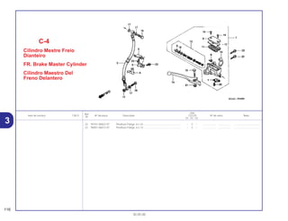 Ref.
Qtd.
Item de serviço T.M.O. Nº da peça Descrição CG125 Nº de série Nota
Nº
KS ES CA
22 95701-06022-07 Parafuso Flange, 6 x 22..................................................... – 2 – .................. .................. .....................................
23 96001-06012-07 Parafuso Flange, 6 x 12..................................................... – 2 – .................. .................. .....................................
C-4
Cilindro Mestre Freio
Dianteiro
FR. Brake Master Cylinder
Cilindro Maestro Del
Freno Delantero
116
30.05.00
3
 