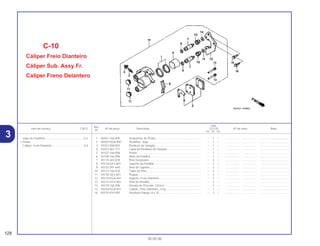 Ref.
Qtd.
Item de serviço T.M.O. Nº da peça Descrição CG125 Nº de série Nota
Nº
KS ES CA
1 06451-166-405 Vedadores do Pistão ......................................................... – 1 – .................. .................. .....................................
2 06455-KGA-940 Pastilhas, Jogo .................................................................. – 1 – .................. .................. .....................................
3 43352-568-003 Parafuso de Sangria .......................................................... – 1 – .................. .................. .....................................
4 43353-461-771 Capa do Parafuso de Sangria ........................................... – 1 – .................. .................. .....................................
5 45107-166-006 Pistão ................................................................................. – 1 – .................. .................. .....................................
6 45108-166-006 Mola da Pastilha ................................................................ – 1 – .................. .................. .....................................
7 45115-443-870 Pino Deslizante .................................................................. – 2 – .................. .................. .....................................
8 45116-GE3-601 Suporte da Pastilha ........................................................... – 1 – .................. .................. .....................................
9 45132-397-640 Anel do Suporte................................................................. – 2 – .................. .................. .....................................
10 45133-166-016 Capa do Pino..................................................................... – 2 – .................. .................. .....................................
11 45134-GE3-601 Plugue................................................................................ – 2 – .................. .................. .....................................
12 45210-KGA-941 Suporte, Freio Dianteiro..................................................... – 1 – .................. .................. .....................................
13 45215-GC4-602 Pino da Pastilha ................................................................. – 2 – .................. .................. .....................................
14 45218-166-006 Arruela de Pressão, Cônica............................................... – 2 – .................. .................. .....................................
15 45250-KGA-941 Cáliper, Freio Dianteiro, Conj............................................. – 1 – .................. .................. .....................................
16 90155-KY4-901 Parafuso Flange, 8 x 25..................................................... – 2 – .................. .................. .....................................
C-10
Cáliper Freio Dianteiro
Cáliper Sub. Assy Fr.
Caliper Freno Delantero
128
30.05.00
Jogo de Pastilhas .................................................0,2
• Pistão
Cáliper, Freio Dianteiro.........................................0,4
3
 
