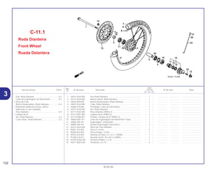 Ref.
Qtd.
Item de serviço T.M.O. Nº da peça Descrição CG125 Nº de série Nota
Nº
KS ES CA
1 44301-KGA-900 Eixo Roda Dianteira ........................................................... – 1 – .................. .................. .....................................
2 44311-KGA-900 Bucha Lateral, Roda Dianteira .......................................... – 1 – .................. .................. .....................................
3 44620-400-000 Bucha Distanciadora, Roda Dianteira ............................... – 1 – .................. .................. .....................................
4 44601-KGA-940 Cubo, Roda Dianteira ........................................................ – 1 – .................. .................. .....................................
5 44680-410-000 Prendedor, Caixa de Velocímetro...................................... – 1 – .................. .................. .....................................
6 44701-KGA-940 Aro, Roda Dianteira ........................................................... – 1 – .................. .................. .....................................
7 44711-KGA-900 Pneu Dianteiro (PIRELLI) ................................................... – 1 – .................. .................. .....................................
8 42712-KW1-900 Câmara de Ar (PIRELLI) .................................................... – 1 – .................. .................. .....................................
9 42713-KW8-901 Protetor, Câmara de Ar (PIRELLI)...................................... – 1 – .................. .................. .....................................
10 44800-KW1-911 Caixa de Engrenagens do Velocímetro Comp.................. – 1 – .................. .................. .....................................
11 44806-399-701 Engrenagem, Velocímetro ................................................. – 1 – .................. .................. .....................................
12 44808-399-701 Arruela Engrenagem Velocimetro...................................... – 2 – .................. .................. .....................................
13 45251-KGA-940 Disco de Freio Dianteiro .................................................... – 1 – .................. .................. .....................................
14 90301-473-003 Porca U, 6 mm................................................................... – 5 – .................. .................. .....................................
15 90306-KF0-003 Porca Flange, 12 mm ........................................................ – 1 – .................. .................. .....................................
16 90755-229-003 Retentor de Óleo, 21 x 37 x 7 (ARAI) ................................ – 1 – .................. .................. .....................................
17 91258-410-013 Retentor de Pó, 40 x 50 x 5 (ARAI).................................... – 1 – .................. .................. .....................................
18 93700-05020-0A Parafuso Phillips, 5 x 20 .................................................... – 1 – .................. .................. .....................................
19 92911-06016-0E Prisioneiro, 6 x 16 .............................................................. – 5 – .................. .................. .....................................
C-11.1
Roda Dianteira
Front Wheel
Rueda Delantera
132
30.05.00
Eixo, Roda Dianteira.............................................0,2
Caixa de Engrenagens do Velocímetro................0,3
• Disco de Freio
Bucha Distanciadora, Roda Dianteira..................0,4
• Rolamento Radial de Esferas, 6301U
(Adicionar 0,1 por Unidade)
Pneu Dianteiro ......................................................0,9
• Câmara de Ar
Aro, Roda Dianteira ..............................................2,2
Cubo Comp., Roda Dianteira ...............................2,3
3
 