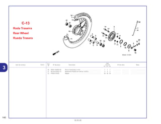 Ref.
Qtd.
Item de serviço T.M.O. Nº da peça Descrição CG125 Nº de série Nota
Nº
KS ES CA
20 94001-06000-0S Porca Sextavada, 6 mm .................................................... 1 1 1 .................. .................. .....................................
21 96140-63020-10 Rolamento Radial de Esferas, 6302U................................ 3 3 3 .................. .................. .....................................
22 97000-45200 Nipple ................................................................................ 36 36 36 .................. .................. .....................................
C-13
Roda Traseira
Rear Wheel
Rueda Trasera
140
30.05.00
3
 