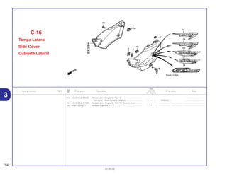 Ref.
Qtd.
Item de serviço T.M.O. Nº da peça Descrição CG125 Nº de série Nota
Nº
KS ES CA
*(14) 83620-KGA-890ZD Tampa Lateral Esquerda *Tipo 4*
*NH-402M* Cinza Tornado Metálico............................... 1 – – 1R000001 ~ .....................................
15 83620-KGA-910ZA Tampa Lateral Esquerda *NH-196* Branco Ross ............. – – 1 .................. .................. .....................................
16 90381-GZ4-671 Parafuso Especial, 6 x 11 .................................................. 1 1 1 .................. .................. .....................................
C-16
Tampa Lateral
Side Cover
Cubierta Lateral
154
30.05.00
3
 