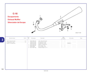 Ref.
Qtd.
Item de serviço T.M.O. Nº da peça Descrição CG125 Nº de série Nota
Nº
KS ES CA
1 18291-MN5-650 Junta, Tubo de Escape ..................................................... 1 – 1 .................. .................. .....................................
2 18300-KGA-900 Escapamento Comp.......................................................... 1 – 1 .................. .................. .....................................
* 18300-KGA-890 Escapamento Comp.......................................................... 1 – – 1R000001 ~ .....................................
3 18353-KGA-900 Suporte, Escapamento ...................................................... 1 – 1 .................. .................. .....................................
4 90304-KBB-900 Porca Cega, 7 mm............................................................. 2 – 2 .................. .................. .....................................
5 94050-08080 Porca Flange, 8 mm .......................................................... 2 – 2 .................. .................. .....................................
6 95701-08014-00 Parafuso Flange, 8 x 14..................................................... 1 – 1 .................. .................. .....................................
C-18
Escapamento
Exhaust Muffler
Silenciador de Escape
158
30.05.00
Junta, Tubo de Escape ........................................0,1
Escapamento Comp. ...........................................0,2
• Suporte, Escapamento
3
 