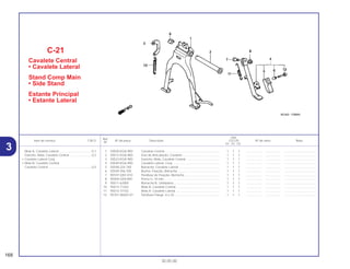 Ref.
Qtd.
Item de serviço T.M.O. Nº da peça Descrição CG125 Nº de série Nota
Nº
KS ES CA
1 50500-KGA-900 Cavalete Central ................................................................ 1 1 1 .................. .................. .....................................
2 50512-KGA-900 Eixo de Articulação, Cavalete ........................................... 1 1 1 .................. .................. .....................................
3 50523-KGA-900 Gancho, Mola, Cavalete Central ....................................... 1 1 1 .................. .................. .....................................
4 50540-KGA-900 Cavalete Lateral, Conj. ...................................................... 1 1 1 .................. .................. .....................................
5 50548-324-760 Borracha, Cavalete Lateral................................................ 1 1 1 .................. .................. .....................................
6 50549-356-700 Bucha, Fixação, Borracha ................................................. 1 1 1 .................. .................. .....................................
7 90107-GN1-010 Parafuso de Fixação, Borracha ......................................... 1 1 1 .................. .................. .....................................
8 90304-GE8-000 Porca U, 10 mm................................................................. 1 1 1 .................. .................. .....................................
9 95011-62000 Borracha B, Limitadora...................................................... 1 1 1 .................. .................. .....................................
10 95014-71202 Mola B, Cavalete Central................................................... 1 1 1 .................. .................. .....................................
11 95014-72102 Mola A, Cavalete Lateral ................................................... 1 1 1 .................. .................. .....................................
12 95701-06025-07 Parafuso Flange, 6 x 25..................................................... 1 1 1 .................. .................. .....................................
C-21
Cavalete Central
• Cavalete Lateral
Stand Comp Main
• Side Stand
Estante Principal
• Estante Lateral
168
30.05.00
Mola A, Cavalete Lateral ......................................0,1
Gancho, Mola, Cavalete Central ..........................0,2
• Cavalete Lateral Conj.
• Mola B, Cavalete Central
Cavalete Central...................................................0,5
3
 