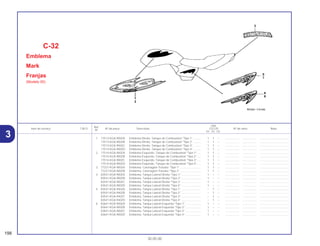 Ref.
Qtd.
Item de serviço T.M.O. Nº da peça Descrição CG125 Nº de série Nota
Nº
KS ES CA
1 17513-KGA-900ZA Emblema Direito, Tanque de Combustível *Tipo 1* .......... 1 1 – .................. .................. .....................................
17513-KGA-900ZB Emblema Direito, Tanque de Combustível *Tipo 2* .......... 1 1 – .................. .................. .....................................
17513-KGA-900ZC Emblema Direito, Tanque de Combustível *Tipo 3* .......... 1 1 – .................. .................. .....................................
17513-KGA-900ZD Emblema Direito, Tanque de Combustível *Tipo 4* .......... 1 1 – .................. .................. .....................................
2 17514-KGA-900ZA Emblema Esquerdo, Tanque de Combustível *Tipo 1*..... 1 1 – .................. .................. .....................................
17514-KGA-900ZB Emblema Esquerdo, Tanque de Combustível *Tipo 2*..... 1 1 – .................. .................. .....................................
17514-KGA-900ZC Emblema Esquerdo, Tanque de Combustível *Tipo 3*..... 1 1 – .................. .................. .....................................
17514-KGA-900ZD Emblema Esquerdo, Tanque de Combustível *Tipo 4*..... 1 1 – .................. .................. .....................................
3 77227-KGA-900ZA Emblema, Carenagem Traseira *Tipo 1*........................... 1 1 – .................. .................. .....................................
77227-KGA-900ZB Emblema, Carenagem Traseira *Tipo 2*........................... 1 1 – .................. .................. .....................................
4 83541-KGA-900ZA Emblema, Tampa Lateral Direita *Tipo 1* ......................... 1 – – .................. .................. .....................................
83541-KGA-900ZB Emblema, Tampa Lateral Direita *Tipo 2* ......................... 1 – – .................. .................. .....................................
83541-KGA-900ZC Emblema, Tampa Lateral Direita *Tipo 3* ......................... 1 – – .................. .................. .....................................
83541-KGA-900ZD Emblema, Tampa Lateral Direita *Tipo 4* ......................... 1 – – .................. .................. .....................................
5 83541-KGA-940ZA Emblema, Tampa Lateral Direita *Tipo 1* ......................... – 1 – .................. .................. .....................................
83541-KGA-940ZB Emblema, Tampa Lateral Direita *Tipo 2* ......................... – 1 – .................. .................. .....................................
83541-KGA-940ZC Emblema, Tampa Lateral Direita *Tipo 3* ......................... – 1 – .................. .................. .....................................
83541-KGA-940ZD Emblema, Tampa Lateral Direita *Tipo 4* ......................... – 1 – .................. .................. .....................................
6 83641-KGA-900ZA Emblema, Tampa Lateral Esquerda *Tipo 1* .................... 1 – – .................. .................. .....................................
83641-KGA-900ZB Emblema, Tampa Lateral Esquerda *Tipo 2* .................... 1 – – .................. .................. .....................................
83641-KGA-900ZC Emblema, Tampa Lateral Esquerda *Tipo 3* .................... 1 – – .................. .................. .....................................
83641-KGA-900ZD Emblema, Tampa Lateral Esquerda *Tipo 4* .................... 1 – – .................. .................. .....................................
C-32
Emblema
Mark
Franjas
(Modelo 00)
198
30.05.00
3
 