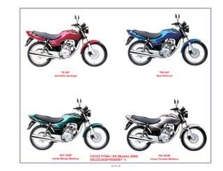30.05.00
*R-250*
Vermelho Ipiranga
*BG-100M*
Verde Marajó Metálica
*PB-302*
Azul Noturno
*NH-402M*
Cinza Tornado Metálico
CG125 TITAN • ES (Modelo 2000)
(9C2JC3020YR000001 ~)
 