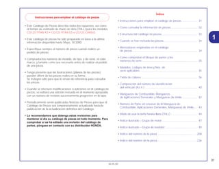 31
30.05.00
1
• Este Catálogo de Piezas describe todos los repuestos, así como
el tiempo de estimado de mano de obra (THLL) para los modelos
CG125 TITAN KS • CG125 TITAN ES e CG125 CARGO.
• Este catálogo de piezas ha sido preparado en base a la última
información disponible hasta Mayo, 18 2000.
• Especifique siempre el número de pieza cuando realice un
pedido de piezas.
• Compruebe los números de modelo, de tipo, y de serie, el color,
marca, y tamaño como sea necesario antes de realizar el pedido
de una pieza.
• Tenga presente que las ilustraciones (planos de las piezas)
pueden diferir de las piezas reales en su forma.
Se incluyen sólo para que le sirvan de referencia para consultar
las piezas.
• Cuando se efectúen modificaciones o adiciones en el catálogo de
piezas, se editará una edición revisada en el momento apropiado,
con un número de revisión sucesivamente progresivo en la tapa.
• Periodicamente serán publicadas Noticias de Piezas para que el
Catálogo de Piezas sea temporariamente actualizado hasta la
publicación de la actualización definitiva del Catálogo.
• Le recomendamos que obtenga estas revisiones para
mantener al día su catálogo de piezas en todo momento. Para
comprobar si se ha editado una revisión del catálogo de
partes, póngase en contacto con su distribuidor HONDA.
Índice
• Instrucciones para emplear el catálogo de piezas .................... 31
• Como consultar la información de piezas .................................. 32
• Estructura del catálogo de piezas.............................................. 33
• Cuando se han revisado las piezas ........................................... 34
• Abreviaturas empleadas en el catálogo
de piezas .................................................................................... 34
• Como comprobar el bloque de partes y los
números de serie........................................................................ 35
• Modelos, códigos de área y Nos. de
serie aplicables .......................................................................... 35
• Tabla de colores......................................................................... 36
• Composición del número de identificación
del vehículo (N.I.V.) .................................................................... 40
• Mangueras de Combustible, Mangueras
de Aplicaciones Generales y Mangueras de Vinilo ................... 42
• Número de Parte sin envasar de la Manguera de
Combustible, Aplicaciones Generales, Mangueras de Vinilo .... 43
• Modo de usar la tarifa horaria llana (THLL) .................................. 44
• Índice ilustrado – Grupo de motor.............................................. 47
• Índice ilustrado – Grupo de bastidor.......................................... 49
• Índice del número de la pieza....................................................208
• Índice del nombre de la pieza....................................................236
Instrucciones para emplear el catálogo de piezas
 
