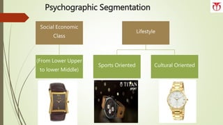 Psychographic Segmentation
Social Economic
Class
(From Lower Upper
to lower Middle)
Lifestyle
Sports Oriented Cultural Oriented
 