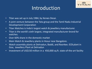IntroductionTitan was set up in July 1984, by Xerxes Desai.A joint venture between the Tata group and the Tamil Nadu Industrial Development CorporationTitan Watches is India’s largest watch & jewellerymanufacturer.Titan is the world’s sixth largest, integrated manufacturer-brand for watches.Over 60% share in the domestic marketMain Watch & Jewellery plants in Hosur near Bangalore.Watch assembly plants at Dehradun, Baddi, and Roorkee. ECB plant in Goa;  Jewellery Plant at DehradunInvestment of US$150 million in a  450,000 sq.ft. state-of-the-art facility   