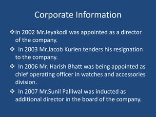 Corporate InformationIn 2002 Mr.Jeyakodi was appointed as a director of the company.