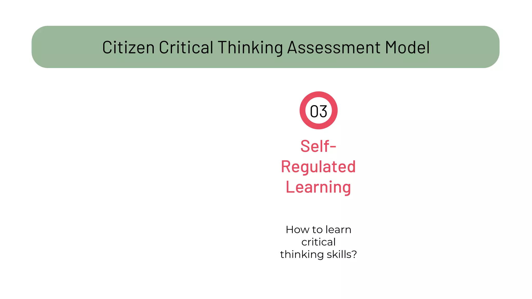 Citizen Critical Thinking Assessment Model
03
How to learn
critical
thinking skills?
Self-
Regulated
Learning
 