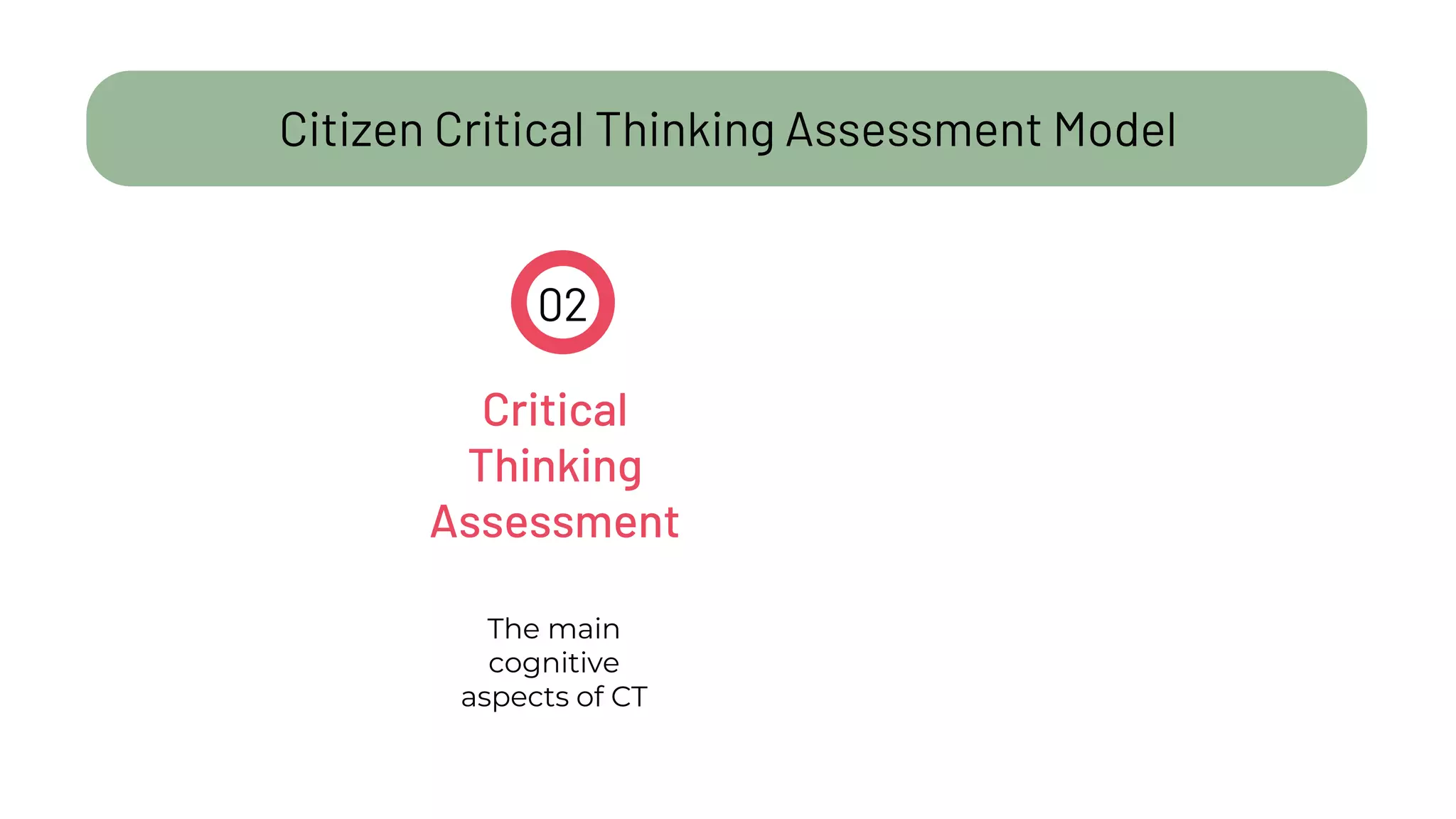 Citizen Critical Thinking Assessment Model
Critical
Thinking
Assessment
The main
cognitive
aspects of CT
02
 