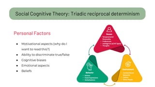 Social Cognitive Theory: Triadic reciprocal determinism
● Motivational aspects (why do I
want to read this?)
● Ability to discriminate true/false
● Cognitive biases
● Emotional aspects
● Beliefs
Personal Factors
 