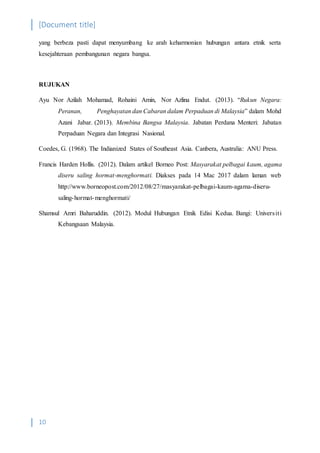 [Document title]
10
yang berbeza pasti dapat menyumbang ke arah keharmonian hubungan antara etnik serta
kesejahteraan pembangunan negara bangsa.
RUJUKAN
Ayu Nor Azilah Mohamad, Rohaini Amin, Nor Azlina Endut. (2013). “Rukun Negara:
Peranan, Penghayatan dan Cabaran dalam Perpaduan di Malaysia” dalam Mohd
Azani Jabar. (2013). Membina Bangsa Malaysia. Jabatan Perdana Menteri: Jabatan
Perpaduan Negara dan Integrasi Nasional.
Coedes, G. (1968). The Indianized States of Southeast Asia. Canbera, Australia: ANU Press.
Francis Harden Hollis. (2012). Dalam artikel Borneo Post: Masyarakat pelbagai kaum, agama
diseru saling hormat-menghormati. Diakses pada 14 Mac 2017 dalam laman web
http://www.borneopost.com/2012/08/27/masyarakat-pelbagai-kaum-agama-diseru-
saling-hormat-menghormati/
Shamsul Amri Baharuddin. (2012). Modul Hubungan Etnik Edisi Kedua. Bangi: Universiti
Kebangsaan Malaysia.
 