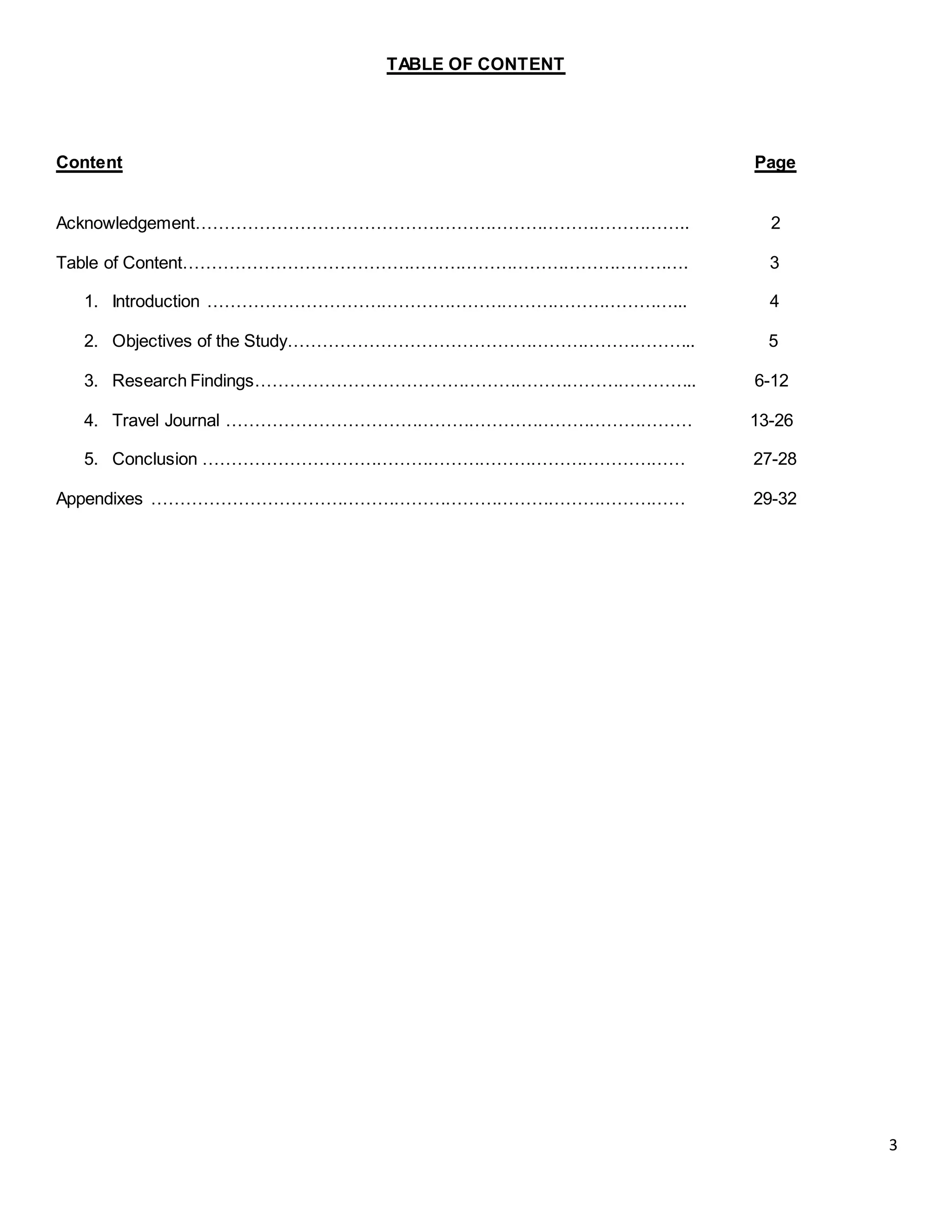 3
TABLE OF CONTENT
Content Page
Acknowledgement………………………………………………………………………….. 2
Table of Content……………………………………………………………………………. 3
1. Introduction ………………………………………………………………………... 4
2. Objectives of the Study…………………………………………………………….. 5
3. Research Findings………………………………………………………………….. 6-12
4. Travel Journal ……………………………………………………………………… 13-26
5. Conclusion ………………………………………………………………………… 27-28
Appendixes ………………………………………………………………………………… 29-32
 