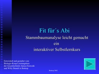 Fit für´s Abi Stammbaumanalyse leicht gemacht ein  interaktiver Selbstlernkurs Entwickelt und gestaltet vom  Biologie-Koop-Leistungskurs der Gesamtschulen Janusz-Korczak und Willy Brandt in Bottrop Bottrop 2002 