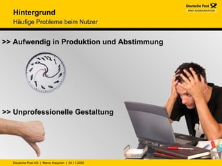 Hintergrund  Häufige Probleme beim Nutzer   >> Unprofessionelle Gestaltung >> Aufwendig in Produktion und Abstimmung 