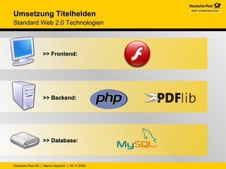 >> Frontend: >> Backend: >> Database: Umsetzung Titelhelden  Standard Web 2.0 Technologien 