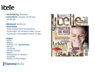 • Verschijning: Wekelijks
• Lezerskern: vrouwen 35-49 jaar
  50-64 jaar

• Welstand: B1,B2,C,D
• Gezinsfase
  Oude tweepersoons huishoudens
  Huishouden met kinderen onder 14 jaar
  Huishouden met kinderen boven 14 jaar

• Pijlers
- Mode
- Beauty
- Culinair, o.a. WEEKMENU
- Wonen
- Tuinieren
- Human Interest
- Reizen
- Gezondheid en Medisch
- Financiën
- Relatie en Psychologie
 