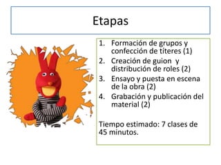 Etapas
1. Formación de grupos y
confección de títeres (1)
2. Creación de guion y
distribución de roles (2)
3. Ensayo y puesta en escena
de la obra (2)
4. Grabación y publicación del
material (2)
Tiempo estimado: 7 clases de
45 minutos.
 
