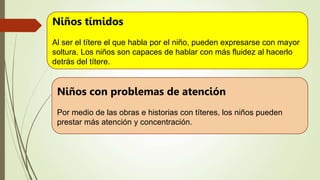 Niños tímidos
Al ser el títere el que habla por el niño, pueden expresarse con mayor
soltura. Los niños son capaces de hablar con más fluidez al hacerlo
detrás del títere.
Niños con problemas de atención
Por medio de las obras e historias con títeres, los niños pueden
prestar más atención y concentración.
 