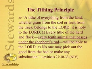 The Tithing Principle 
30 “A tithe of everything from the land, 
whether grain from the soil or fruit from 
the trees, belongs to the LORD; it is holy 
to the LORD. 32 Every tithe of the herd 
and flock—every tenth animal that passes 
under the shepherd’s rod—will be holy to 
the LORD. 33 No one may pick out the 
good from the bad or make any 
substitution.” Leviticus 27:30-33 (NIV) 
 