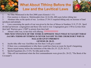 1. No Tithe Mentioned in the first 2000 years (Genesis 1-11)
2. First mention is Abram to Melchizedek (Gen 14:16-20), 400 years before tithing law
3. Abraham tithe on the spoils of war. Leviticus 27:30-31 required tithing only on increase of land
(produce) and animals.
4. Laws concerning the spoils of war was given by the law of Moses in Numbers 31:9, 27-29. Spoil
divided up between congregation and those who went to war. Congregation gave 1/50 to Levites from
their half. Warriors gave 1/500th to priests from their half.
5. Abram’s tithe was, in fact-free will offering. ??????????????
THIS NEXT INSTANCE OF THE TITHE IS OPPOSITE THAN WHAT IS TAUGHT TODAY
JACOB’s TERMS OF TITHING IS NEVER TAUGHT TO THE CHURCH BUT WHY IS
MALACHI GIVEN PRIORITY
GENESIS 28: 20-22.
6. Jacobs tithe offer was: God Bless me first then I will give a tenth?
7. If there was a commandment to tithe there would have been no room for Jacob’s bargaining.
8. Moses raised money before the institution of the tithe (Ex.35: 22,29; 36:3,7).
9. Spoiled Egyptians (Ex.13:35). No tithe paid on this.
10. Tithe still not mentioned when the first commandments were given (Ex. 20-22, "The Book of the
Covenant")
19
 