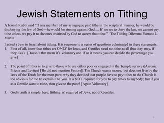 Jewish Statements on Tithing
9
A Jewish Rabbi said “If any member of my synagogue paid tithe in the scriptural manner, he ...