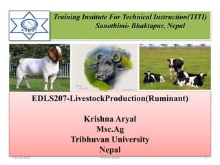 Training Institute For Technical Instruction(TITI)
Sanothimi- Bhaktapur, Nepal
EDLS207-LivestockProduction(Ruminant)
Krishna Aryal
Msc.Ag
Tribhuvan University
Nepal
05/26/2017 1Krishna Aryal
 