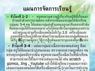 แผนการจัดการเรียนรู้ -  ชั่วโมงที่  1-2  :  -  ครูทบทวนความรู้เกี่ยวกับสถิติที่เรียนมาบ้างแล้วด้วยการถามตอบ   หลังจากนั้นแบ่งกลุ่มให้นักเรียนกลุ่มละ  3-4  คน   ให้แต่ละกลุ่มส่งตัวแทนออกมาจับสลากหัวข้อที่แต่ละกลุ่มได้รับมอบหมาย   แจ้งให้สมาชิกในกลุ่มตนเองทราบ  แล้วครูแนะนำเครื่องมือเทคโนโลยีเว็บ  2.0  เครื่องมือและแหล่งที่นักเรียนไปศึกษาค้นคว้าตามเนื้อหาของกลุ่มที่ตนเองได้รับ   เพื่อรวมเนื้อหา วิธีการสืบค้นและระบุแหล่งที่มา   มาส่งครูในชั่วโมงต่อไป   เพื่อให้ครูได้ตรวจสอบความถูกต้องของเนื้อหา ท้ายชั่วโมงครูให้นักเรียนทำแบบวัดเจตคติต่อการเรียนวิชาคณิตศาสตร์ -  ชั่วโมงที่  3-4  :  แต่ละกลุ่มนำเนื้อหาของตนส่งครู ทีละกลุ่ม ครูให้ข้อแนะนำ / เสนอแนะ ตรวจสอบความถูกต้อง จนครบทุกกลุ่มหลังจากนั้น ครูทบทวนเครื่องมือเว็บที่นักเรียนสามารถนำมาใช้ในการนำเสนองานได้ เช่น  scratch  , gizmoz, Jing ,   Youtube  แล้วให้นักเรียนวางแผนการนำเสนองานของตนโดยใช้เครื่องมือเหล่านี้   ( เวลาในการทำงานกลุ่ม  3  วัน )  ครูประสานครูคอมพิวเตอร์  ห้องสมุด  เพื่อให้นักเรียนไปใช้เครื่องคอมพิวเตอร์   