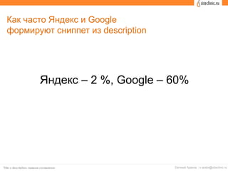 Как часто Яндекс и Google
формируют сниппет из description
Яндекс – 2 %, Google – 60%
 