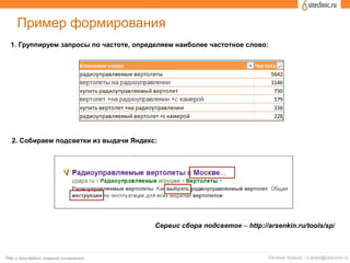 Пример формирования
1. Группируем запросы по частоте, определяем наиболее частотное слово:
2. Собираем подсветки из выдачи Яндекс:
Сервис сбора подсветок – http://arsenkin.ru/tools/sp/
 