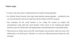 Future scope
• In future work same system is implemented by the machine learning algorithm
• An Artificial Neural Network, fuzzy logic based machine learning algorithm is defined by only
one circuit breaker that will receive data from current modules in the DC microgrid.
• New techniques for DC circuit breakers in low voltage DC systems are studied with
semiconductors using solid state circuit breakers which consist of two insulated gate bipolar
transistors, gate turn-off thyristors and integrated gate-commutated thyristors with parallel diodes.
• These devices are widely used in most DC circuit breakers and converters which act in just a few
milliseconds to cut off the power. Therefore, it is used as an efficient protection scheme for a DC
microgrid.
 