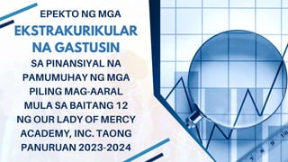 EKSTRAKURIKULAR
NA GASTUSIN
SA PINANSIYAL NA
PAMUMUHAY NG MGA
PILING MAG-AARAL
MULA SA BAITANG 12
NG OUR LADY OF MERCY
ACADEMY, INC. TAONG
PANURUAN 2023-2024
EPEKTO NG MGA
 