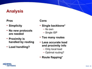 Analysis Pros Simplicity No new protocols are needed Proximity is handled by routing Load handling? Cons Single backbone* Its own Single ISP Too many routes Less accurate load and proximity info Only local load Optimal routing? Route flapping* 