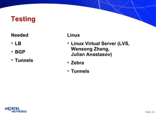 Testing Needed LB BGP Tunnels Linux Linux Virtual Server (LVS, Wensong Zhang, Julian Anastasov) Zebra Tunnels 