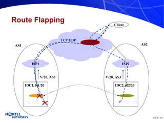 Route Flapping AS1 AS2 V/20, AS3 V/20, AS3 Client Router ISP1 ISP2 IDC1, R1/20 IDC2, R2/20 UDP TCP 