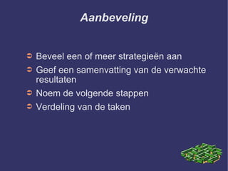 Aanbeveling Beveel een of meer strategieën aan Geef een samenvatting van de verwachte resultaten Noem de volgende stappen Verdeling van de taken  