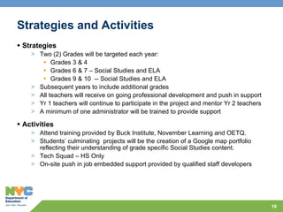 Strategies and Activities Strategies Two (2) Grades will be targeted each year:  Grades 3 & 4 Grades 6 & 7 – Social Studies and ELA Grades 9 & 10  -- Social Studies and ELA Subsequent years to include additional grades All teachers will receive on going professional development and push in support Yr 1 teachers will continue to participate in the project and mentor Yr 2 teachers A minimum of one administrator will be trained to provide support Activities Attend training provided by Buck Institute, November Learning and OETQ.  Students’ culminating  projects will be the creation of a Google map portfolio reflecting their understanding of grade specific Social Studies content.  Tech Squad – HS Only On-site push in job embedded support provided by qualified staff developers 