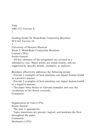 Title
ABC/123 Version X
1
Grading Guide for Mind-body Connection Brochure
SCI/162 Version 10
1
University of Phoenix Material
Week 2: Mind-Body Connection Brochure
Content (70%)
Points Earned:
· All key elements of the assignment are covered in a
substantive way. Major points are stated clearly, and are
supported by specific details, examples, or analysis.
Brochure effectively addresses the following points:
· Provide 2 examples of how emotions can impact human health
in a positive manner.
· Provide 2 examples of how emotions can impact human health
in a negative manner.
· The paper links theory to relevant examples and uses the
vocabulary of the theory correctly.
Comments:
Organization & Tone (15%)
Points Earned:
· The tone is appropriate.
· Topic transitions are present, logical, and maintain the flow
throughout the paper.
Comments:
Mechanics (15%)
 