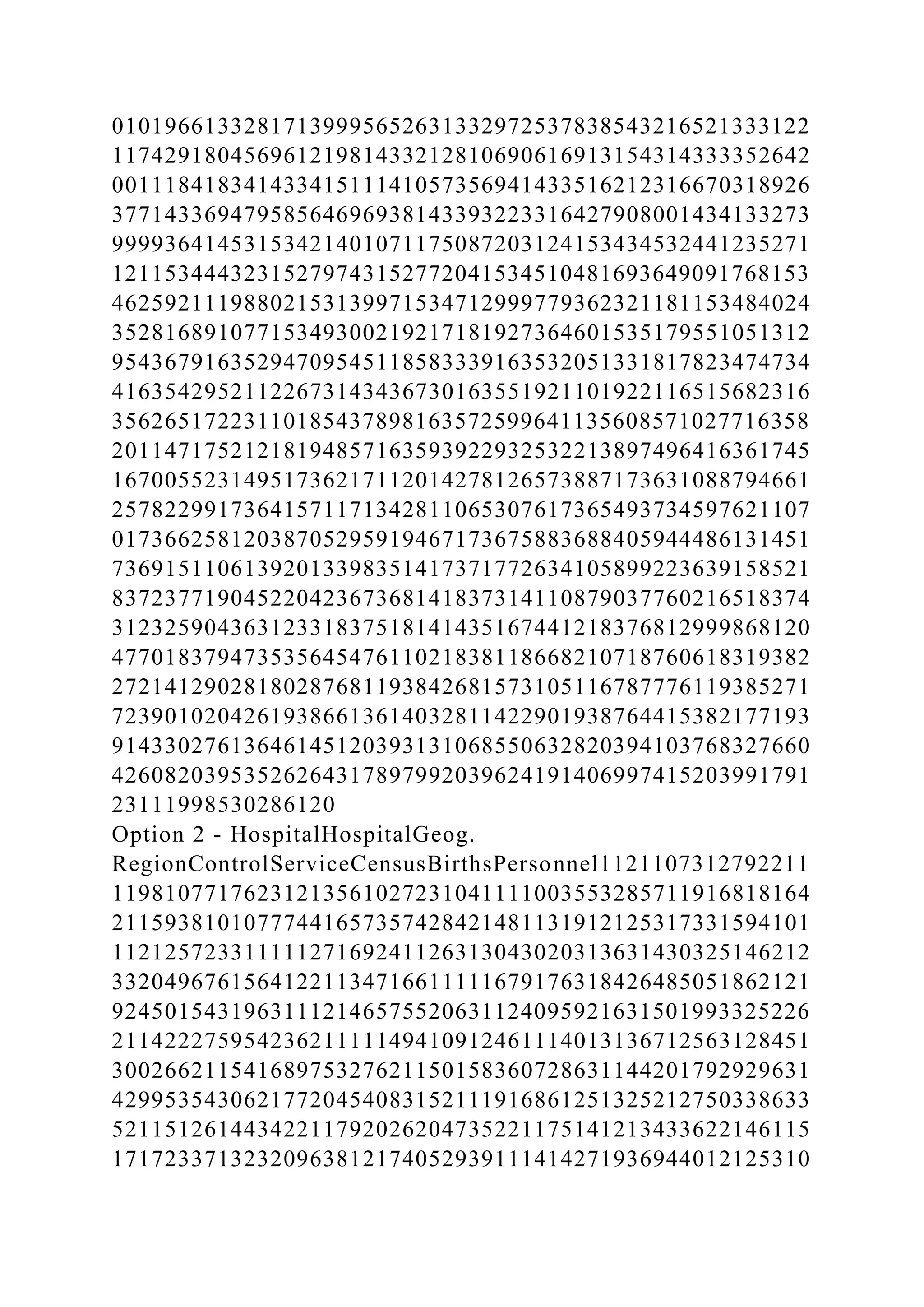 01019661332817139995652631332972537838543216521333122
11742918045696121981433212810690616913154314333352642
00111841834143341511141057356941433516212316670318926
37714336947958564696938143393223316427908001434133273
99993641453153421401071175087203124153434532441235271
12115344432315279743152772041534510481693649091768153
46259211198802153139971534712999779362321181153484024
35281689107715349300219217181927364601535179551051312
95436791635294709545118583339163532051331817823474734
41635429521122673143436730163551921101922116515682316
35626517223110185437898163572599641135608571027716358
20114717521218194857163593922932532213897496416361745
16700552314951736217112014278126573887173631088794661
25782299173641571171342811065307617365493734597621107
01736625812038705295919467173675883688405944486131451
73691511061392013398351417371772634105899223639158521
83723771904522042367368141837314110879037760216518374
31232590436312331837518141435167441218376812999868120
47701837947353564547611021838118668210718760618319382
27214129028180287681193842681573105116787776119385271
72390102042619386613614032811422901938764415382177193
91433027613646145120393131068550632820394103768327660
42608203953526264317897992039624191406997415203991791
23111998530286120
Option 2 - HospitalHospitalGeog.
RegionControlServiceCensusBirthsPersonnel1121107312792211
11981077176231213561027231041111003553285711916818164
21159381010777441657357428421481131912125317331594101
11212572331111127169241126313043020313631430325146212
33204967615641221134716611111679176318426485051862121
92450154319631112146575520631124095921631501993325226
21142227595423621111149410912461114013136712563128451
30026621154168975327621150158360728631144201792929631
42995354306217720454083152111916861251325212750338633
52115126144342211792026204735221175141213433622146115
17172337132320963812174052939111414271936944012125310
 